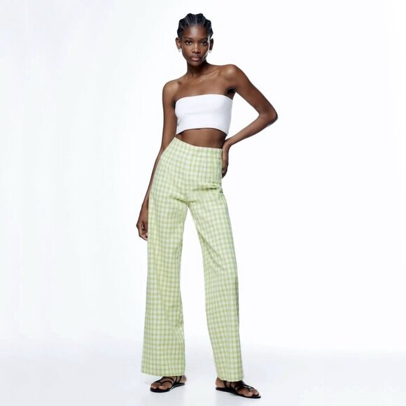 Zara Gingham Checkerboard Wide Leg Trouser Dress Pants Green White Dopamine Boho - Picture 3 of 16